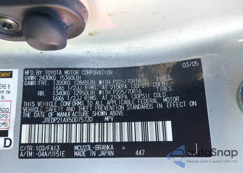 2005 Toyota Highlander V6 from USA, damaged, VIN JTEDP21AX50075730